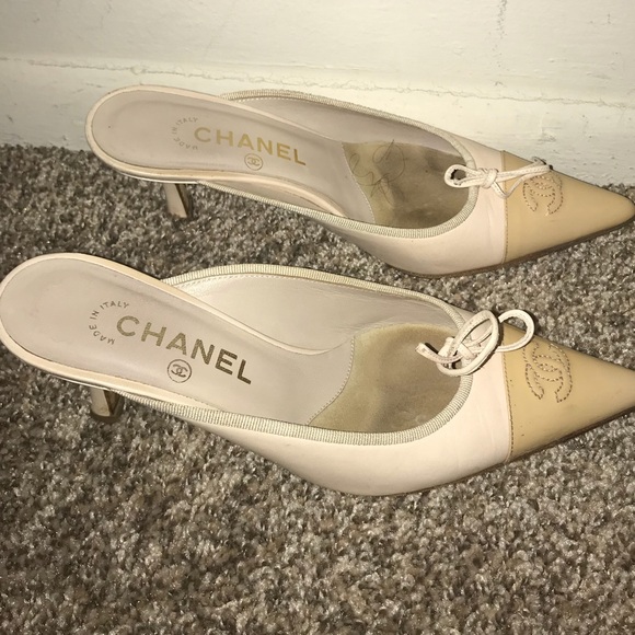 Chanel Cream & Tan Mules Size 37 1/2 - Picture 2 of 8